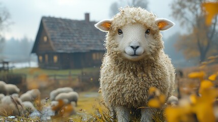 Wall Mural - Cute Fluffy Sheep in a Rural Setting