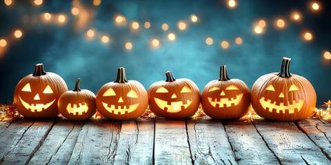 Poster - Lit jack-o'-lanterns with spooky grins