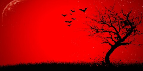 Canvas Print - Silhouette of a tree against a red sky with bats.