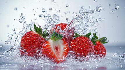 Poster -   A cluster of strawberries splashing in water on a white background, with droplets on both sides