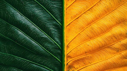 Poster -   A close-up view of a green and yellow leaf's underside, showing its intricate vein structure and vibrant colors The top part of the leaf is also visible, with