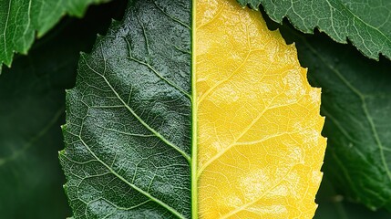 Poster -   A close-up of a yellow and green leaf, with a green leaf on the opposite side