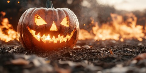 Canvas Print - A carved pumpkin glows with a sinister smile as flames dance in the background.