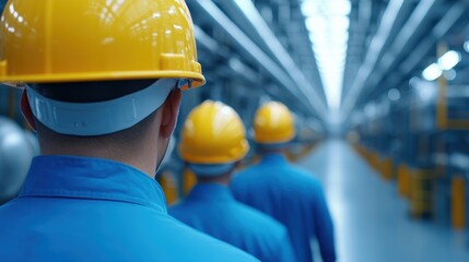 Workers in Safety Gear Walking in Industrial Corridor