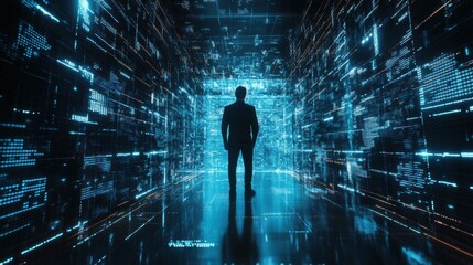 Poster - Cybersecurity expert analyzing encrypted codes and firewalls in a dynamic virtual data environment. Generative AI