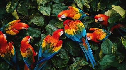 Sticker -   A flamboyant group of parrots perched majestically atop a verdant, leaf-laden plant