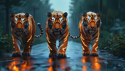 Wall Mural - Glowing digital tigers navigating a rain-soaked road in a futuristic landscape