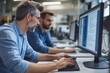 © Moments Captured - two professional businessmen discussing and using desktop computer in office, Generative AI