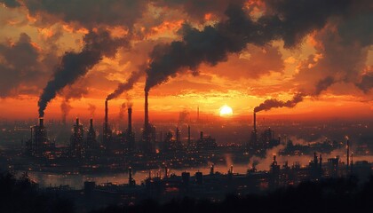 A fiery sunset over an industrial cityscape, with smoke billowing from factory chimneys.