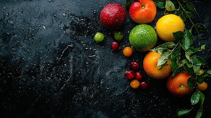 Wall Mural -   Fruit arranged on a table surrounded by foliage