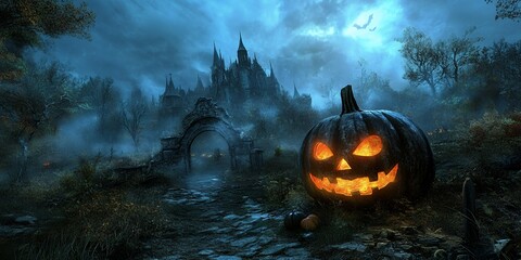 Poster - A jack-o'-lantern glows in front of a spooky castle.