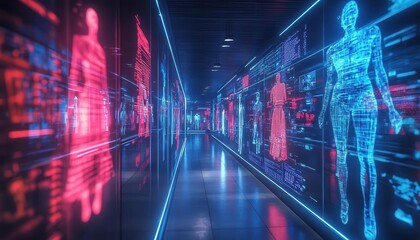 Personal style visualized through glowing digital fashion choices in a sleek, futuristic retail space  Futuristic  Neon  High Detail