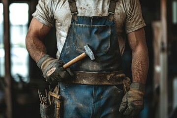 Close-up of a Construction Worker's Hands Holding a Hammer