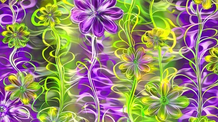 Poster -   A painting of vibrant purple and sunny yellow flowers with dynamic swirls on a lively green, yellow, yellow, and purple background