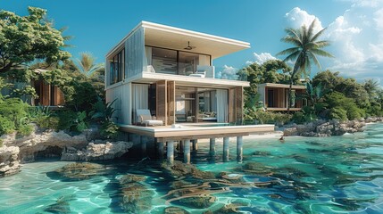 Wall Mural - a minimalist stilt house made from light beige limestone, set against the blue waters. the house sta