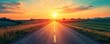 © AIsofeel - A serene sunrise over an open road, surrounded by lush fields, inviting exploration and adventure in nature's beauty.