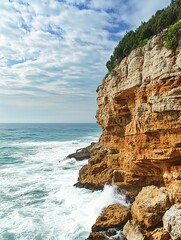 Wall Mural - Dramatic cliff face with turquoise sea and white waves crashing against the rocks.