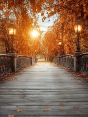 Poster - A wooden bridge in a park with colorful autumn leaves