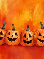 Sticker - Four jack-o'-lanterns with carved faces, set against an orange background.