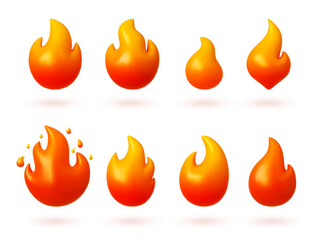 Poster - Simple fire flames 3s icons. Red yellow orange color fires, isolated campfires. Gas or dangerous symbols, render realistic vector elements