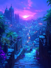 Wall Mural - A magical, misty town with a breathtaking purple sunset.