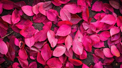 Poster -   Close-up of pink leaves on the ground, red fire hydrant in background