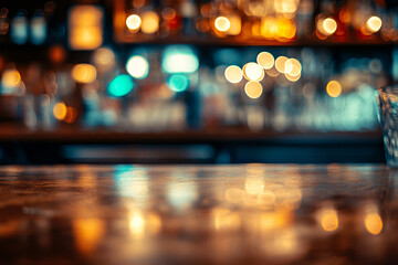 A bar counter with a reflective surface and warm, glowing bokeh lights in the background creating a cozy atmosphere