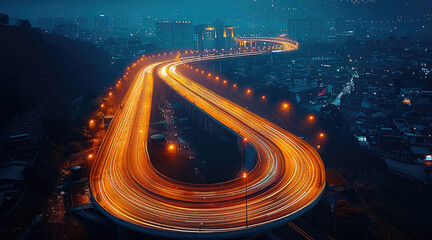Poster - Aerial view of a busy highway at night, headlights and taillights of cars create a flowing stream of light. The road is illuminated by street lights and the surrounding area is dark.