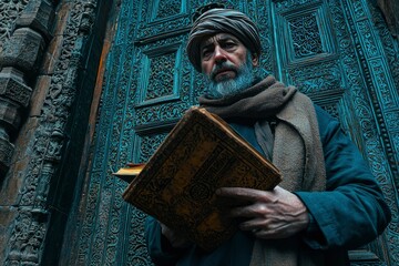 A man in a turban and traditional clothing, standing before a door with intricate carvings, holding a book.