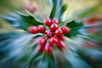 Wall Mural - Blurred Close-Up of Red Berries on Green Foliage