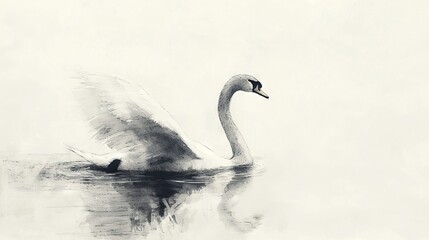 Poster -  Monochrome picture of a swan swimming with wings extended and head above water