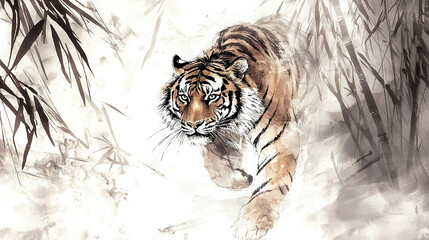 Wall Mural -   A tiger wanders through a snow-covered landscape with towering grass in the foreground and a snowy backdrop