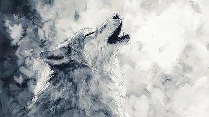 Poster -   A black-and-white painting of a wolf gazing upward, with its mouth open and wide-eyed gaze