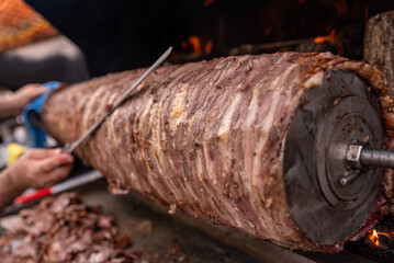 Wood fired Turkish Cag Kebab Doner. Cag kebab, a traditional Turkish cuisine dish made from lamb meat cooked on wood fire