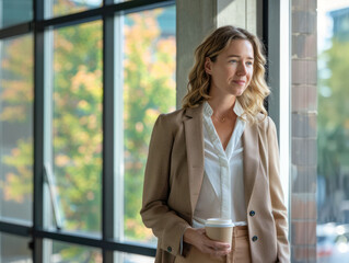 professional woman stands by large window, holding coffee cup, with serene expression. natural light highlights her thoughtful demeanor and greenery outside adds refreshing touch