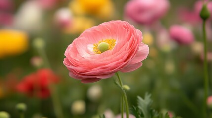 Poster - A vibrant pink ranunculus flower stands out among a colorful garden in full bloom during spring in a sunny landscape