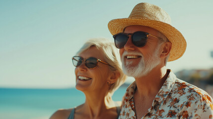 Beautiful happy senior couple dating at the seaside during summertime
