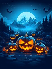 Poster - Spooky Halloween scene with glowing jack-o'-lanterns