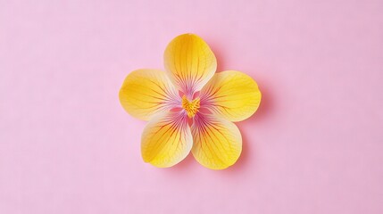 Poster -   A yellow flower on a pink background with a white center surrounded by red petals