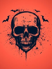 Wall Mural - Spooky skull with bats on an orange background.