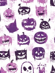 Poster - Purple and white Halloween pattern with pumpkins and ghosts