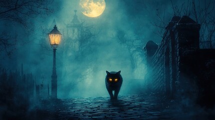 Canvas Print -  A black cat on a cobblestone street at night beneath a full moon