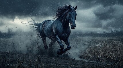 Canvas Print -   Black horse gallops through rain-drenched field, mane flapping wildly