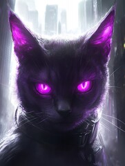 Wall Mural - A black cat with glowing purple eyes stares intensely at the camera.