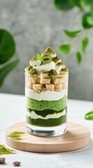 Wall Mural - A delicious layered dessert featuring matcha, cream, and crunchy toppings served in a glass, perfect for a refreshing treat.