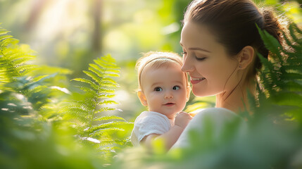 Portrait of Mother with her cute baby in park between fern leaves
