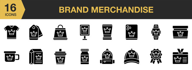 Sticker - Brand Merchandise solid icon set. Includes glass, hat, shop, watch, and More. Solid icons vector collection.