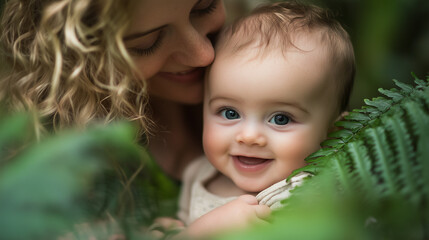 Portrait of Mother with her cute baby in park between fern leaves
