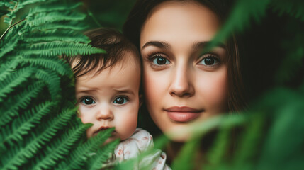 portrait of mother with her cute baby in park between fern leaves