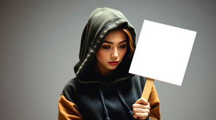 Wall Mural - girl in a hood holding a sign on a stick